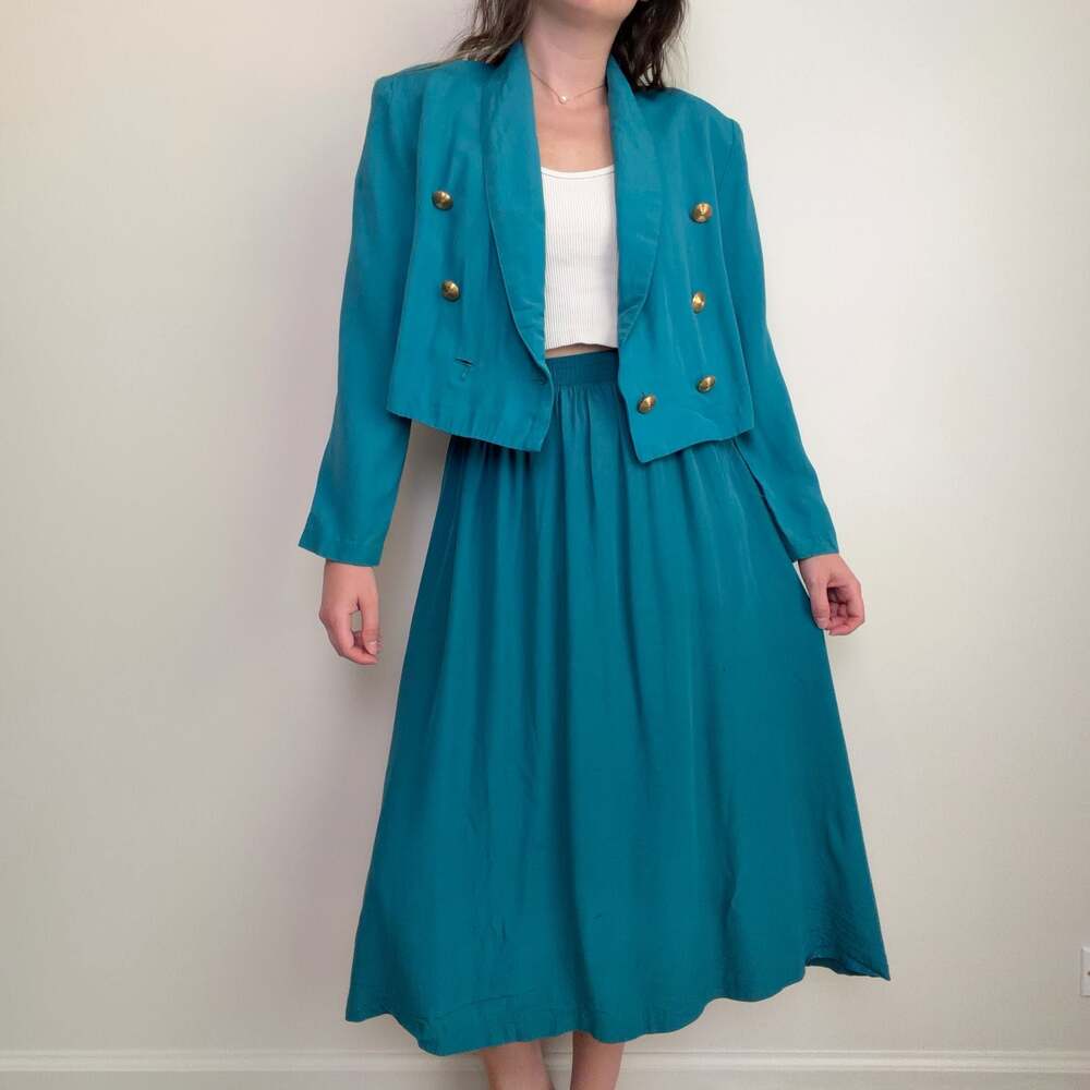 Vintage Teal Cropped Blazer Set